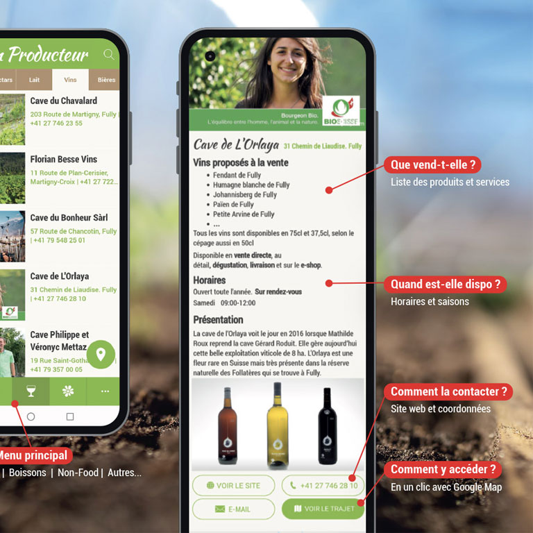 Detailliertes Produzentenprofil in der App Mein Produzent: Produkte, Öffnungszeiten und Kontakt