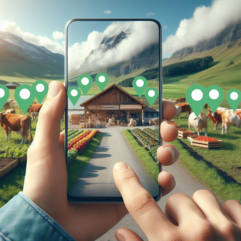 Smartphone, das einen Schweizer Bauernhof und Verkaufsstellen von Produzenten in der Nähe ortet